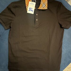 Burberry Black Polo with Signature Beige Check Collar